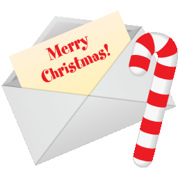 An envelope with a Christmas message and a red and white candy cane