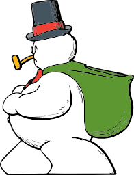 A snowman with a green sack and a pipe