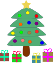 A Christmas tree with coloured lights, and coloured presents underneath