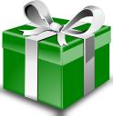 A small green present with a silver ribbon